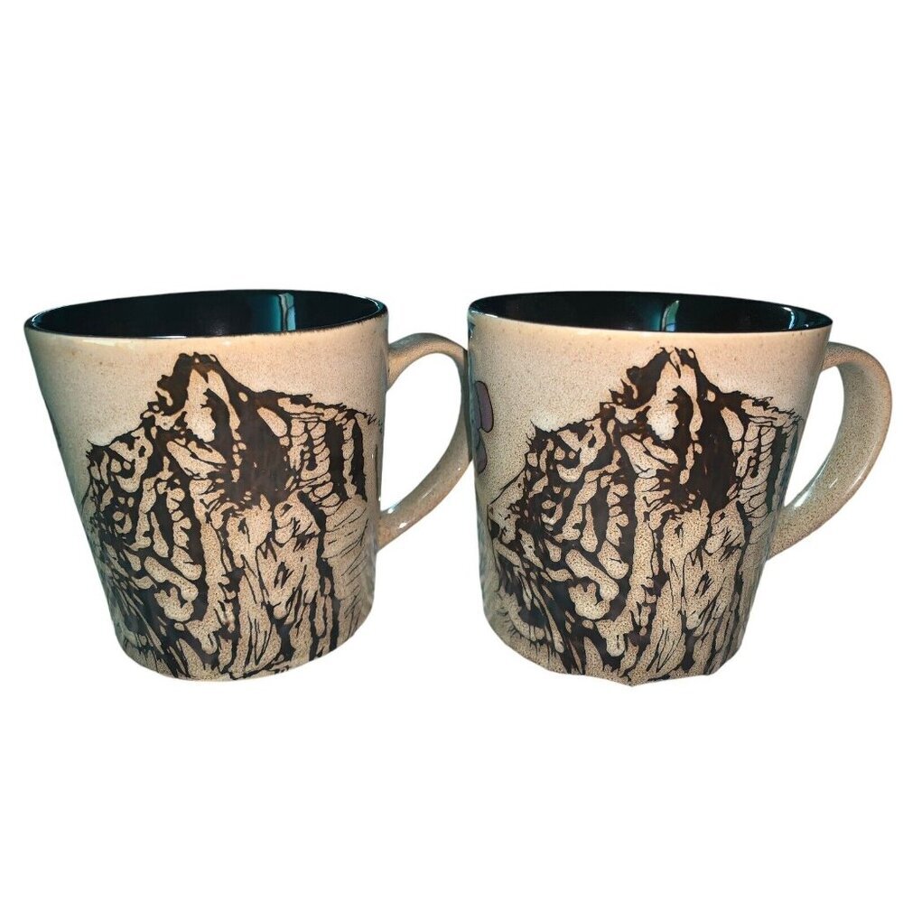 Lot of 2 Blue Harbor Safari Collection Coffee Mugs Tiger & Floral‎ Tan Blue 2014